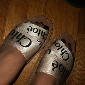 chloe woody flat logo ribbon slide sandals
